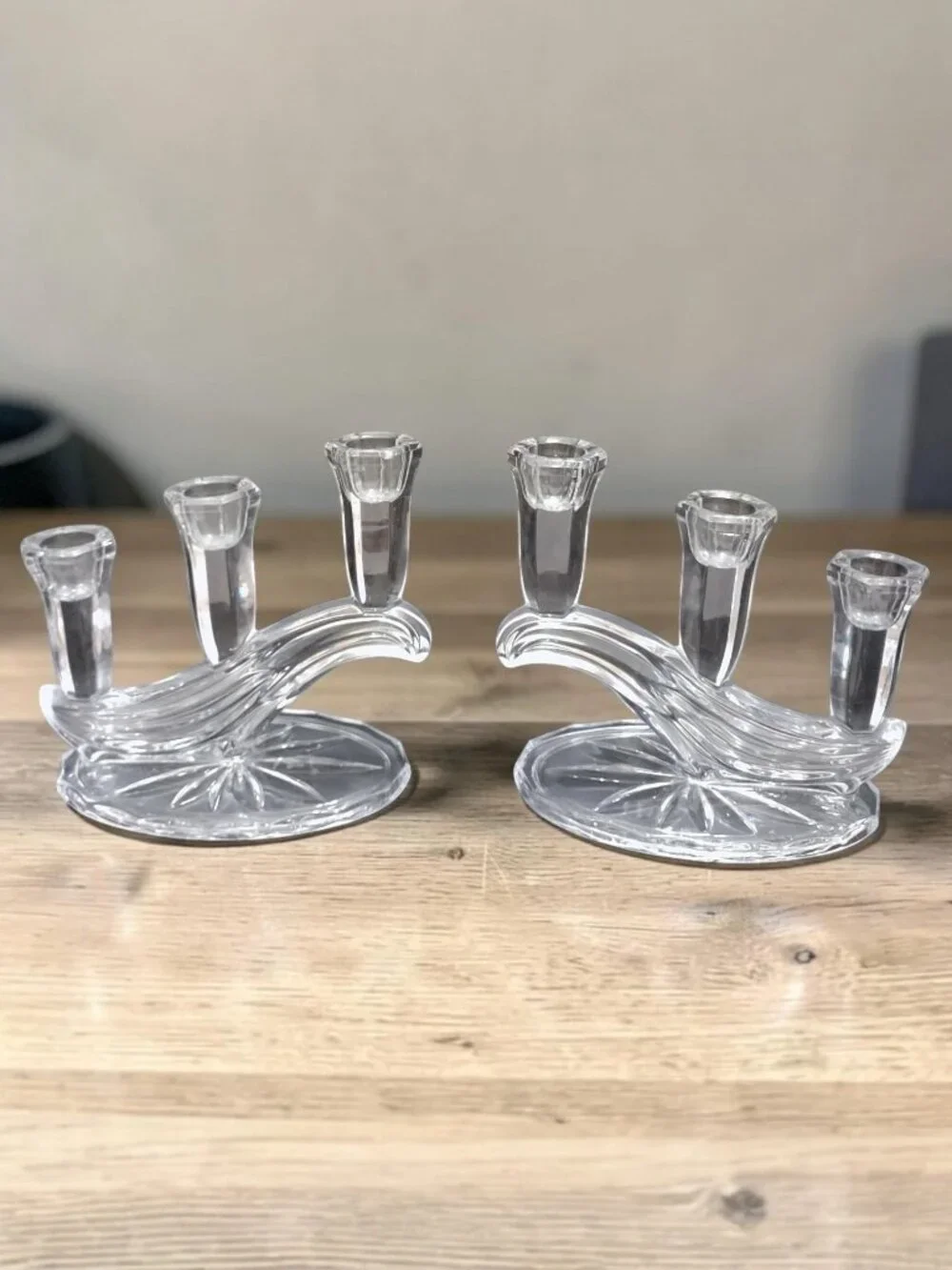 VTG Buder Bleikristall Crystal 3-Arm Candelabra Pair German Glass Candle Holder